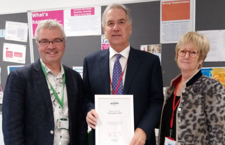 Peter Wanless Chief Executive of the NSPCC with Designer Contracts md, Peter Kelsey and Sue Kelsey at ChildLine HQ in London